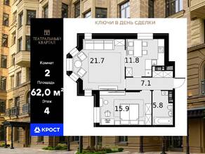 ЖК «Театральный квартал», планировка 2-комнатной квартиры, 62.00 м²