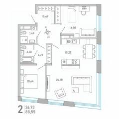 ЖК «Министр», планировка 2-комнатной квартиры, 88.55 м²