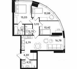 ЖК «Solos», планировка 3-комнатной квартиры, 77.98 м²