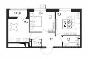 ЖК «Берег», планировка 2-комнатной квартиры, 52.40 м²