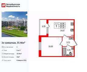 ЖК «Парадный ансамбль», планировка 1-комнатной квартиры, 35.46 м²