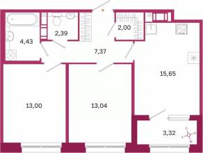 ЖК «Дом на Курской», планировка 2-комнатной квартиры, 59.57 м²