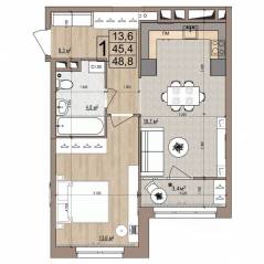 ЖК «Гранд Комфорт», планировка 1-комнатной квартиры, 48.80 м²