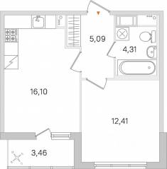 ЖК «Ясно. Янино», планировка 1-комнатной квартиры, 39.64 м²