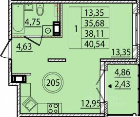 МЖК «Образцовый квартал 15», планировка 1-комнатной квартиры, 35.68 м²