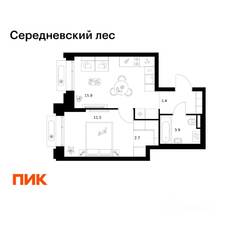 ЖК «Середневский лес», планировка 1-комнатной квартиры, 37.30 м²