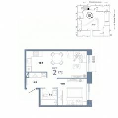 ЖК «Страна.Заречная», планировка 2-комнатной квартиры, 37.20 м²