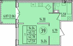 МЖК «Образцовый квартал 17», планировка 1-комнатной квартиры, 40.72 м²