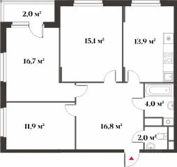 ЖК Миниполис «Восемь кленов», планировка 3-комнатной квартиры, 80.40 м²