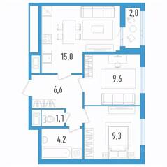 ЖК «Aerocity 6», планировка 2-комнатной квартиры, 46.80 м²