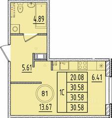 МЖК «Образцовый квартал 17», планировка 1-комнатной квартиры, 30.58 м²