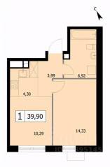 ЖК «Self», планировка 1-комнатной квартиры, 39.90 м²