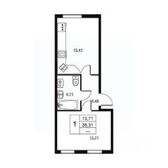 ЖК «Высота» (Бугры), планировка 1-комнатной квартиры, 38.31 м²