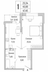 ЖК «Riga Hills», планировка 1-комнатной квартиры, 47.45 м²