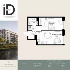 ЖК «ID Petrogradskaya», планировка 1-комнатной квартиры, 38.67 м²