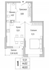 ЖК «Riga Hills», планировка 1-комнатной квартиры, 46.63 м²