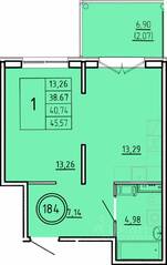 МЖК «Образцовый квартал 16», планировка 1-комнатной квартиры, 38.67 м²