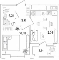 ЖК «Гранат», планировка 1-комнатной квартиры, 31.03 м²