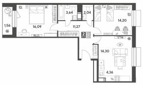 ЖК Арт-квартал «Публицист», планировка 2-комнатной квартиры, 67.46 м²