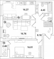 ЖК «Cube», планировка 2-комнатной квартиры, 64.60 м²