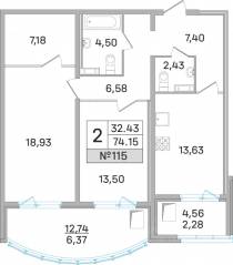 ЖК «Дом-Мегалит в Королёве», планировка 2-комнатной квартиры, 73.00 м²