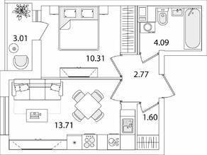 ЖК «Кинопарк», планировка 1-комнатной квартиры, 33.99 м²