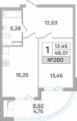 ЖК «Дом-Мегалит в Королёве», планировка 1-комнатной квартиры, 45.80 м²