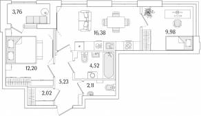 ЖК «Гранат», планировка 2-комнатной квартиры, 54.32 м²