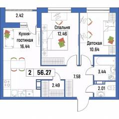 ЖК «Урбанист», планировка 2-комнатной квартиры, 56.27 м²
