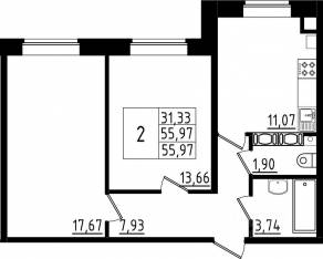 ЖК «Высоцкий», планировка 2-комнатной квартиры, 55.97 м²