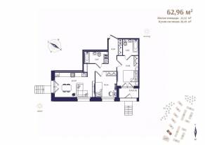 ЖК «Ranta Residence», планировка 2-комнатной квартиры, 62.96 м²