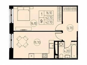 ЖК «7 небо», планировка 1-комнатной квартиры, 42.70 м²