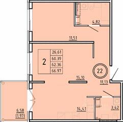 МЖК «Образцовый квартал 16», планировка 2-комнатной квартиры, 60.39 м²