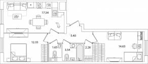 ЖК «Кинопарк», планировка 2-комнатной квартиры, 57.37 м²