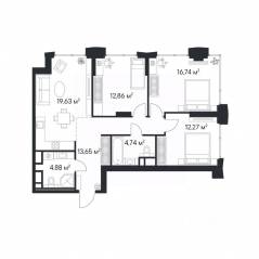 ЖК «1-й Нагатинский», планировка 3-комнатной квартиры, 84.77 м²