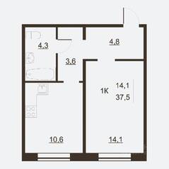 ЖК «Дом на набережной», планировка 1-комнатной квартиры, 38.10 м²