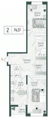 ЖК «Riga Hills», планировка 2-комнатной квартиры, 74.40 м²