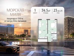 ЖК «Морская миля», планировка 1-комнатной квартиры, 34.50 м²