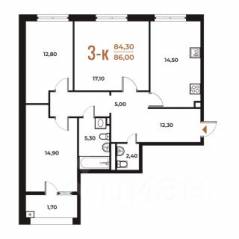 ЖК «Новое Летово», планировка 3-комнатной квартиры, 86.00 м²