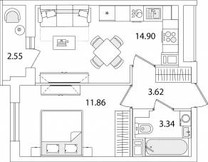 ЖК «Кинопарк», планировка 1-комнатной квартиры, 35.00 м²