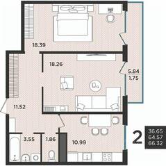 МЖК «Новокасимово», планировка 2-комнатной квартиры, 65.80 м²