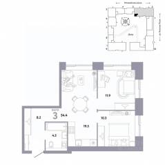 ЖК «Страна.Заречная», планировка 3-комнатной квартиры, 54.40 м²