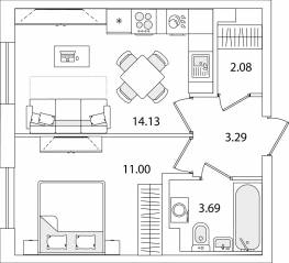 ЖК «Кинопарк», планировка 1-комнатной квартиры, 34.19 м²
