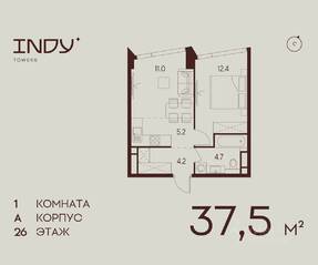ЖК «Indy Towers», планировка 1-комнатной квартиры, 37.50 м²