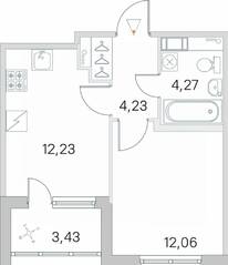 ЖК «Югтаун. Олимпийские кварталы», планировка 1-комнатной квартиры, 34.51 м²