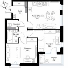 МЖК «Экография», планировка 2-комнатной квартиры, 52.30 м²