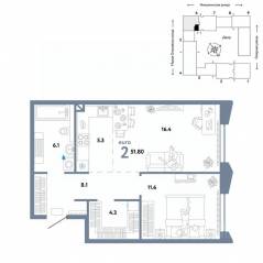 ЖК «Страна.Озерная», планировка 2-комнатной квартиры, 51.80 м²