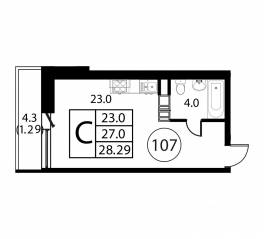 ЖК «Космос», планировка студии, 28.29 м²