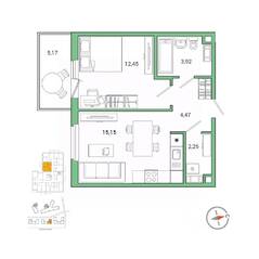 ЖК «IQ Гатчина», планировка 1-комнатной квартиры, 39.90 м²