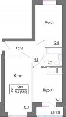 МЖК «Новое Замитино», планировка 2-комнатной квартиры, 52.70 м²